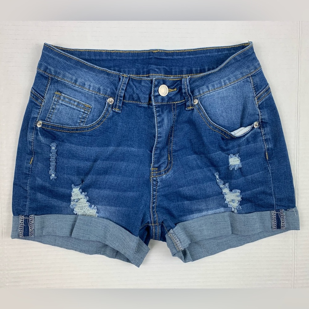 Jeans Women's Denim Shorts Size S Blue Distressed Rolled Leg 5 Pocket Stretch